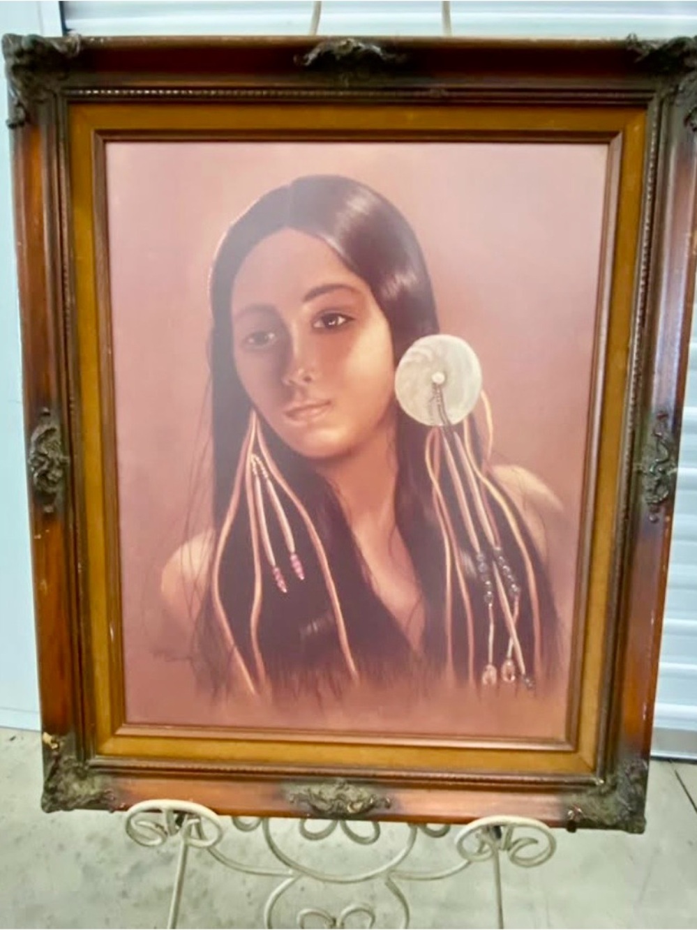 Vintage 1970s Native American Maiden Painting Signed Jacki Barcroft 21x25”